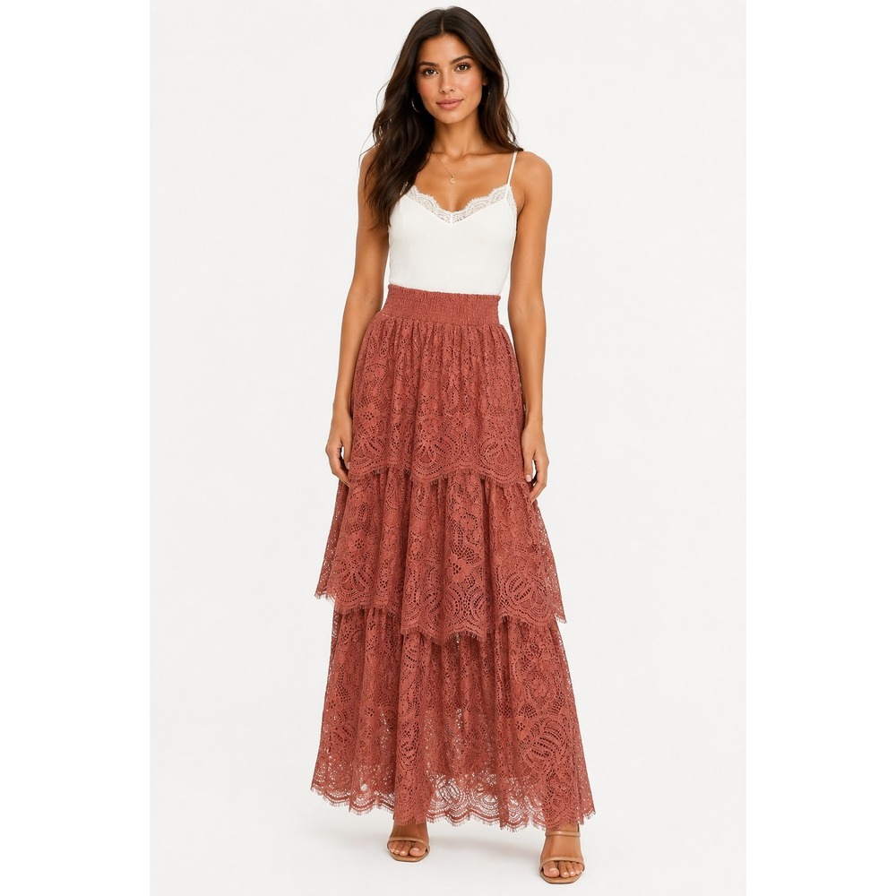 H&M Rust Brown Floral Lace Tiered Maxi Skirt Smocked Waist Size 2 Boho Summer